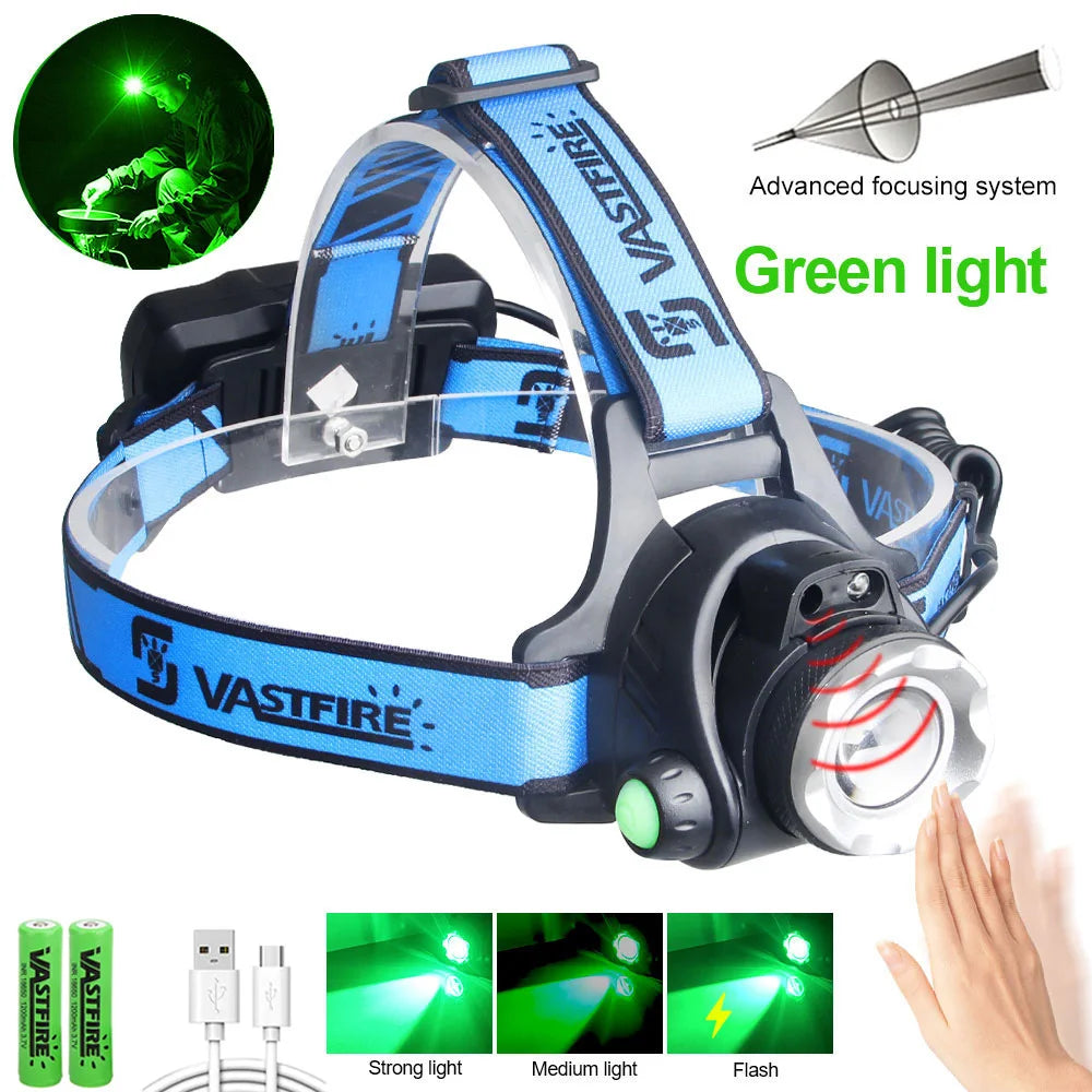 Lanterna frontal LED recarregável com feixe ajustável