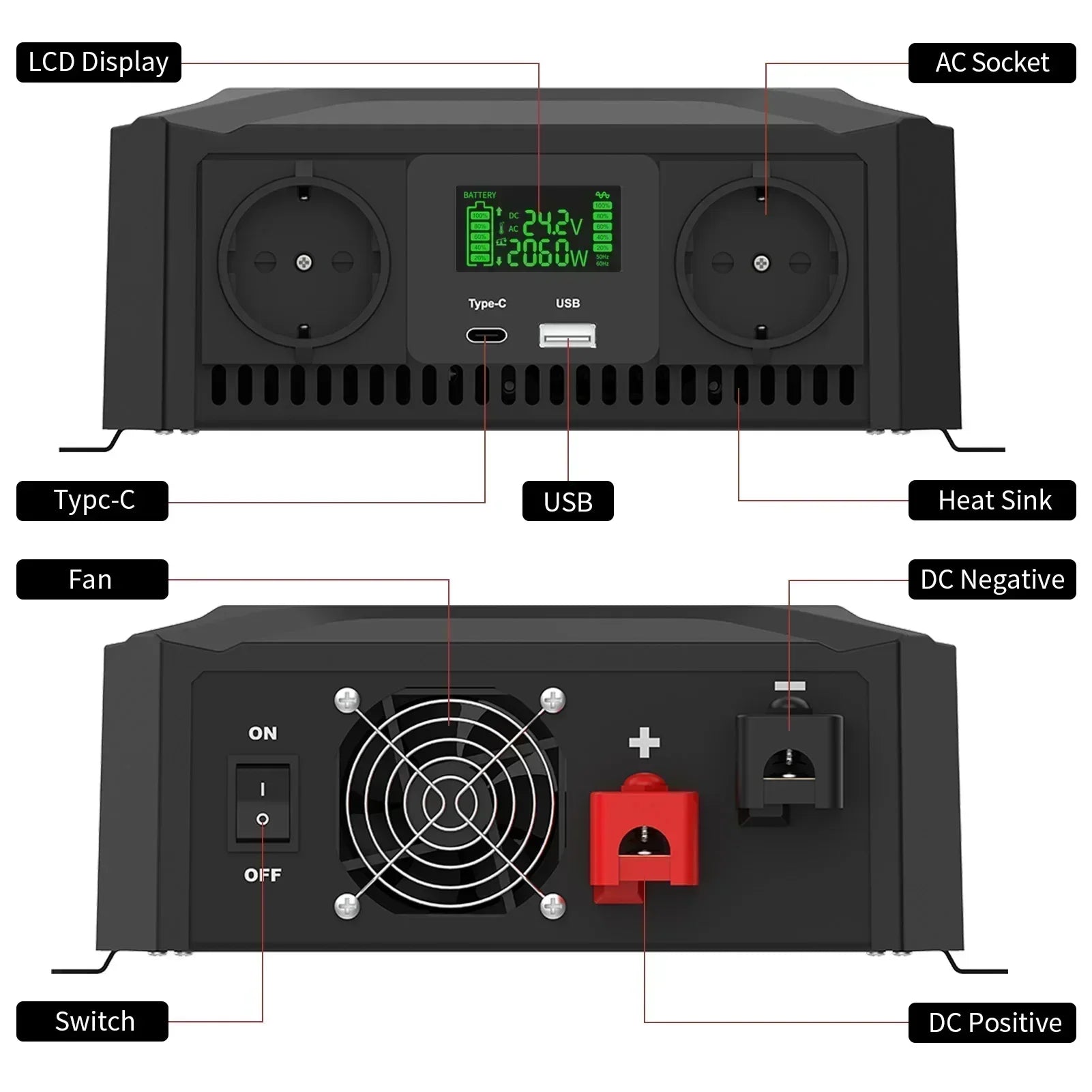 Инвертор DATOU BOSS с чиста синусоида 12V 24V 1200W 2300W, поддържащ две напрежения, DC към AC инвертор 12V към 220V EU, пикова мощност 4000W