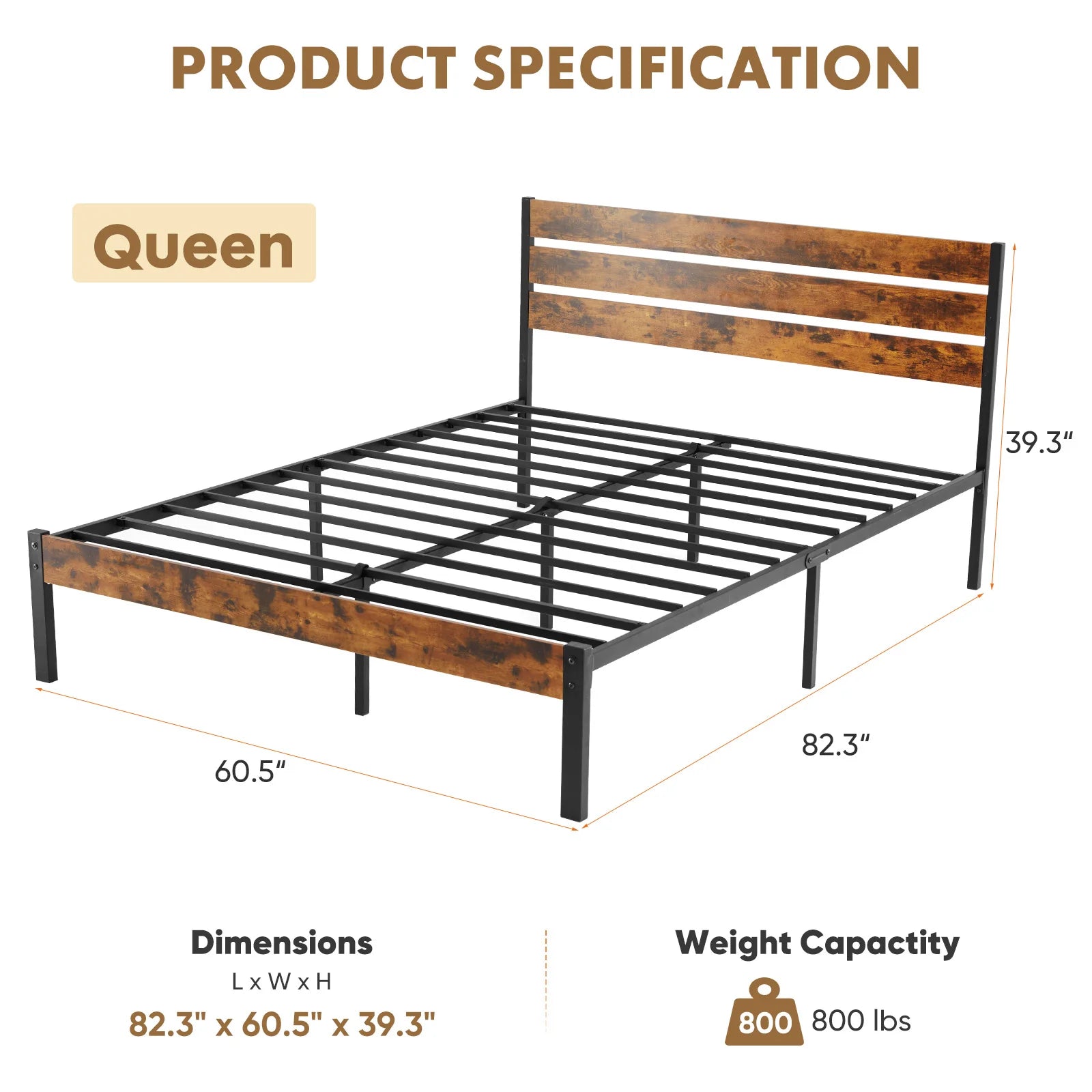 Metal Platform Bed Frame with Wooden Headboard, No Box Spring Needed