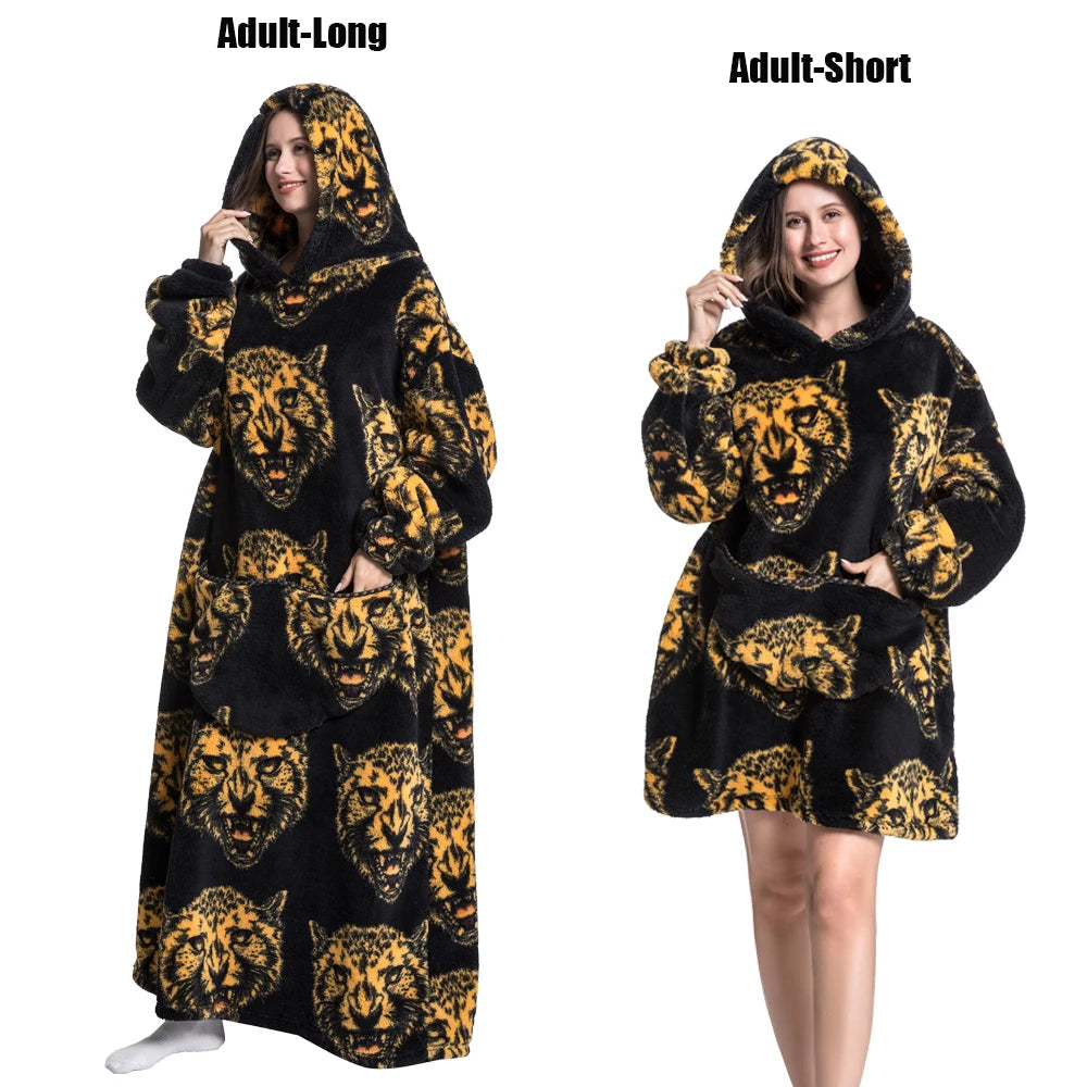 Women Plush Fleece Blanket Men Warm Thick Hoodies Adult Giant TV Blanlets with Sleeves Super Long Cold-proof Homewear Pajamas 