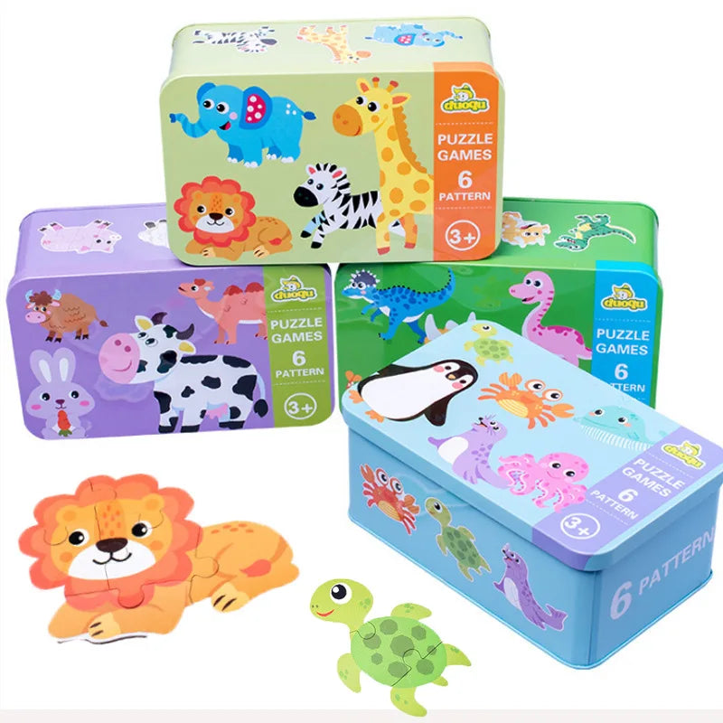 Baby Puzzle Montessori Educational Toys Wood 3D Puzzle Games Iron Box children Puzzles Jigsaw Wooden Puzzles For Kids 2 3 4 Year 