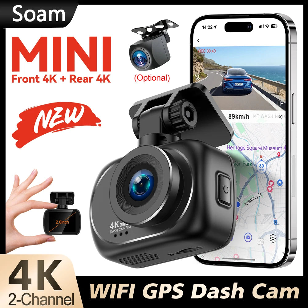 Soam 4K+4K Dash Cam Front and Rear Built-in WiFi 170°Wide Angle 2" IPS Screen Night Vision WDR 24H Parking Mode Mini Black Box