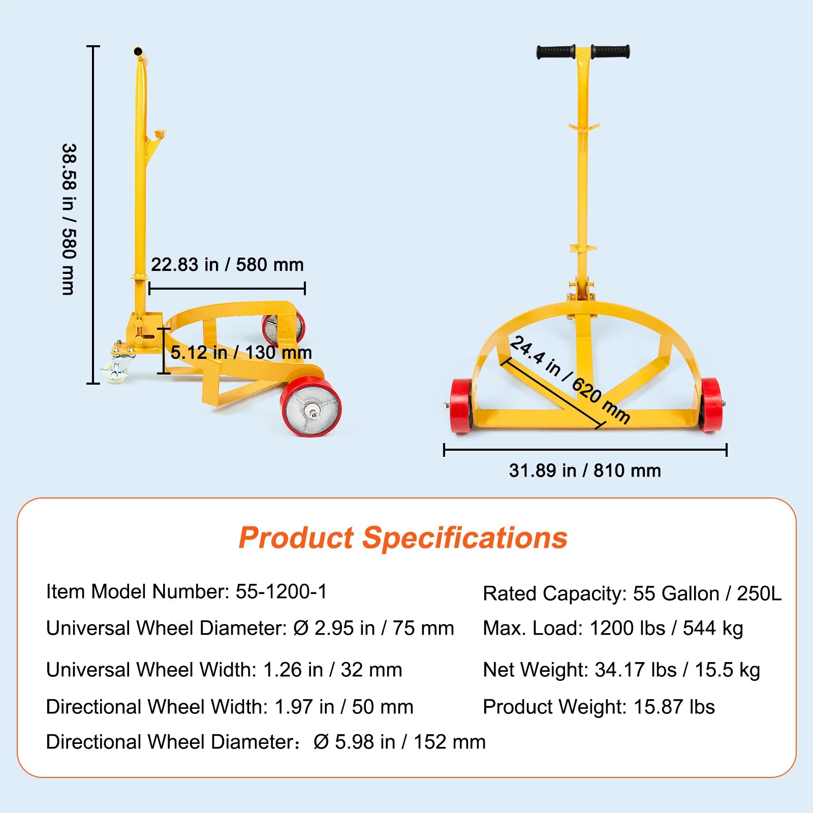 55 Gallonos hordótalicska 1200 lb teherbírással, hidraulikus fogantyúval