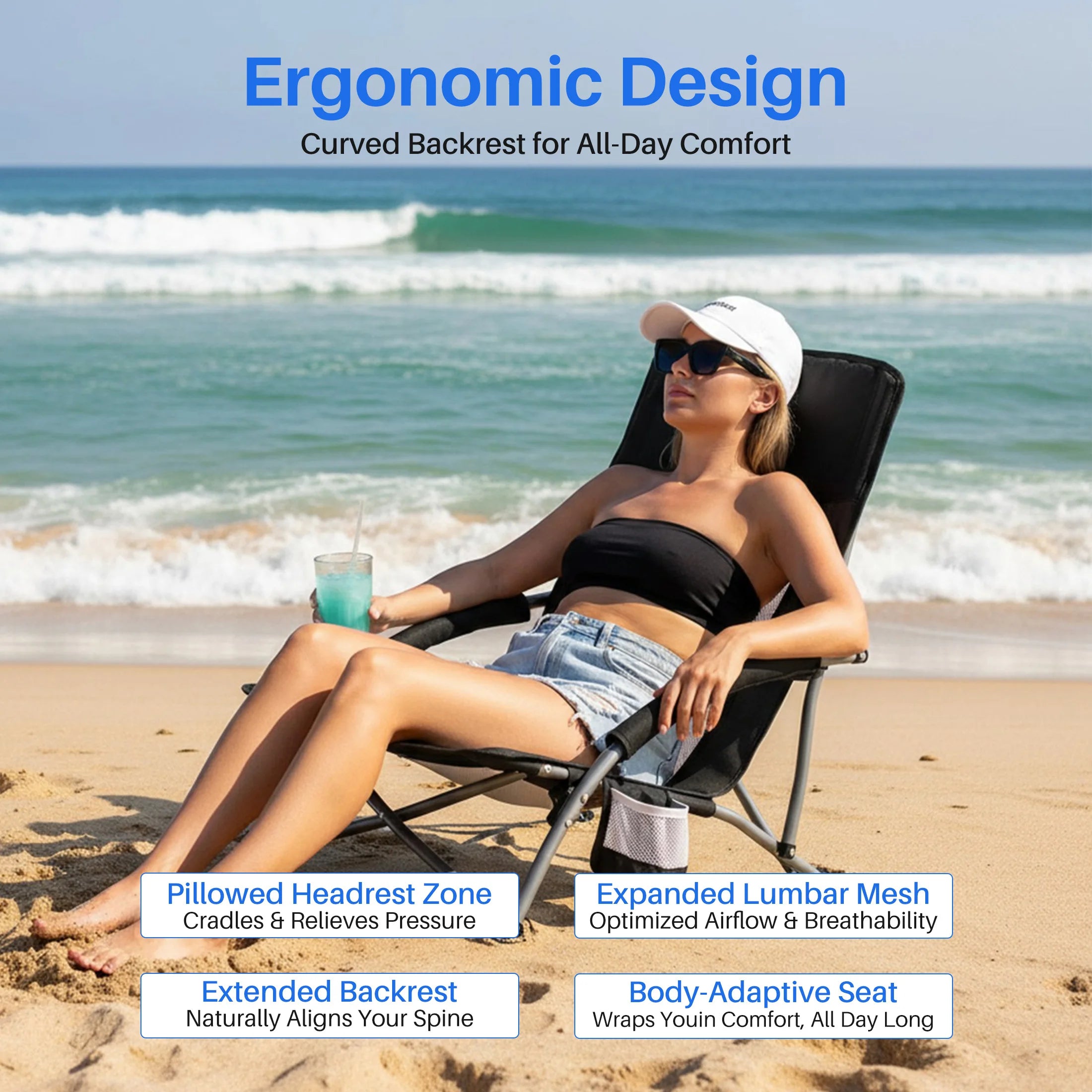 Low Folding Beach Chair with Mesh Back, Cup Holder & Armrests