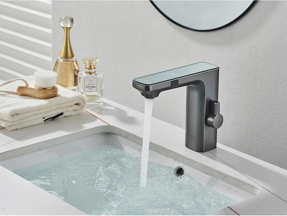 White Smart Sensor Basin Faucet Screen Digital Display Hot Cold Water Mixer Tap Touchless Vanity Sink Faucet For Bathroom 