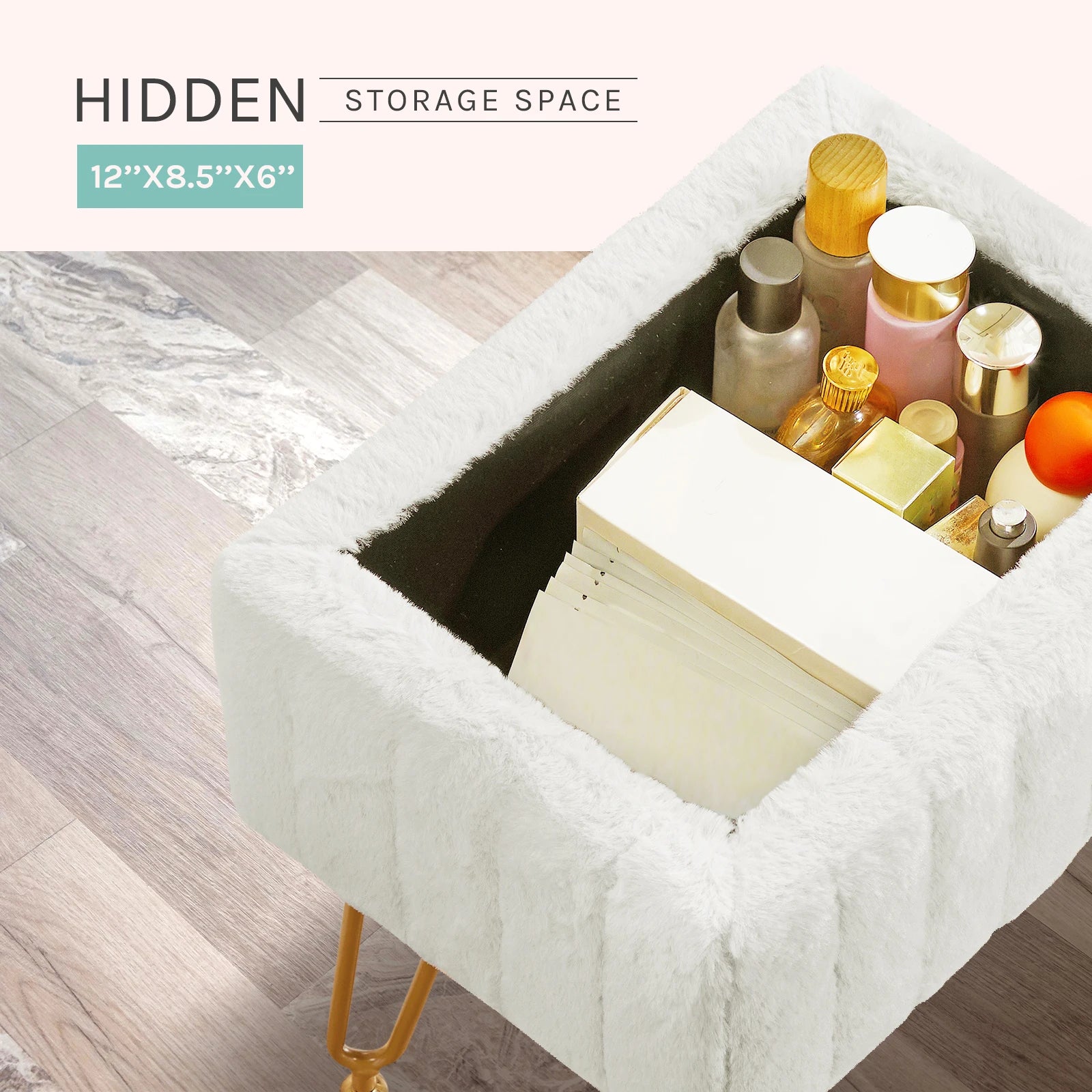Faux Fur Storage Ottoman Stool with Hidden Compartment & Metal Legs