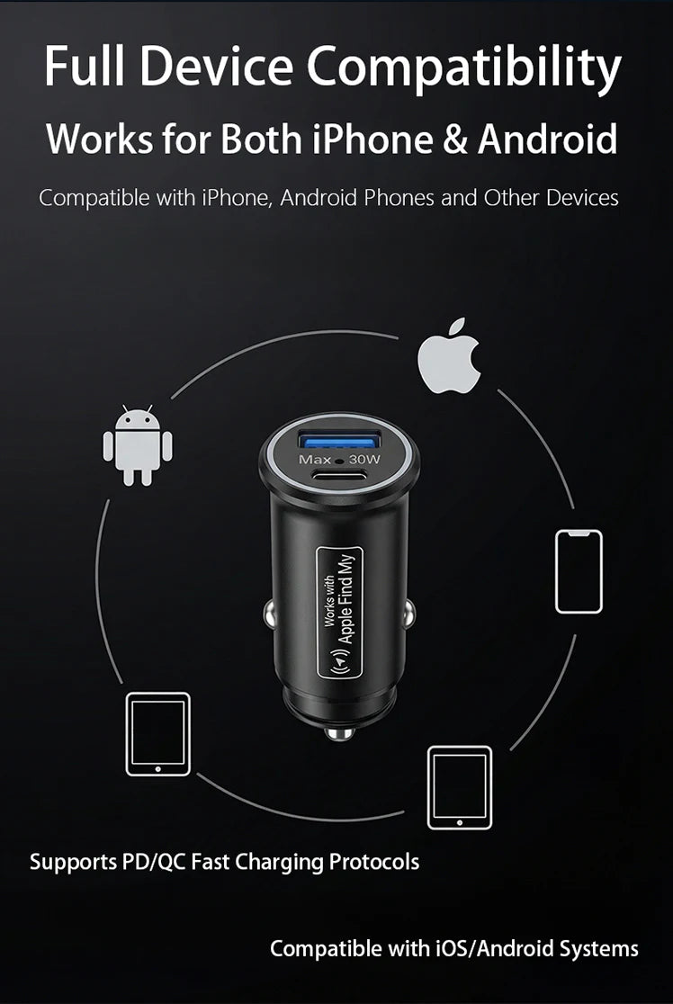 Încărcător auto 30W USB Type C cu locator GPS pentru Apple Find My App Android Find Hub APP Anti-loc Locator