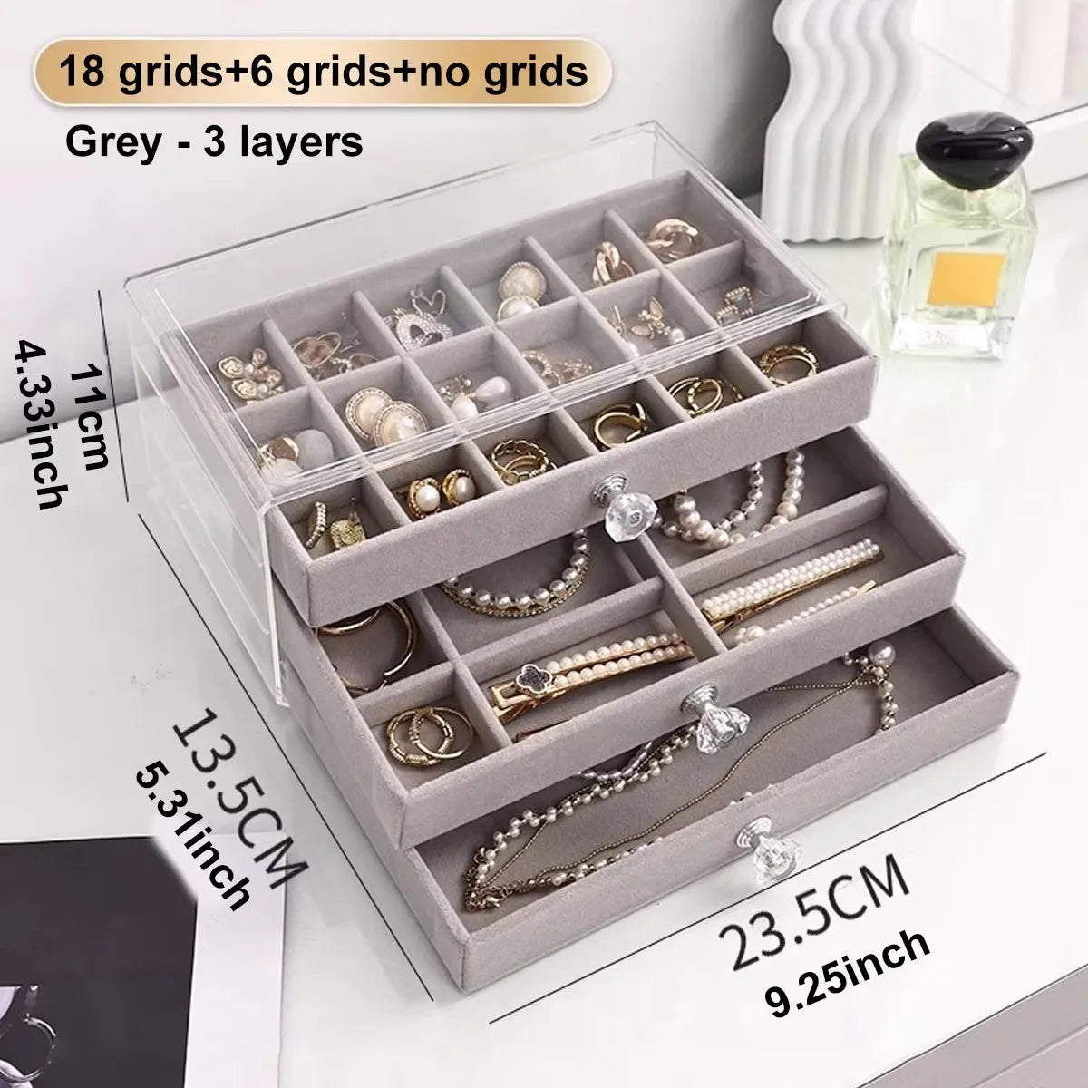 1 boîte à bijoux à tiroirs empilable sur 3 niveaux, beige/grise, pour ranger boucles d’oreilles, bagues, colliers et bracelets