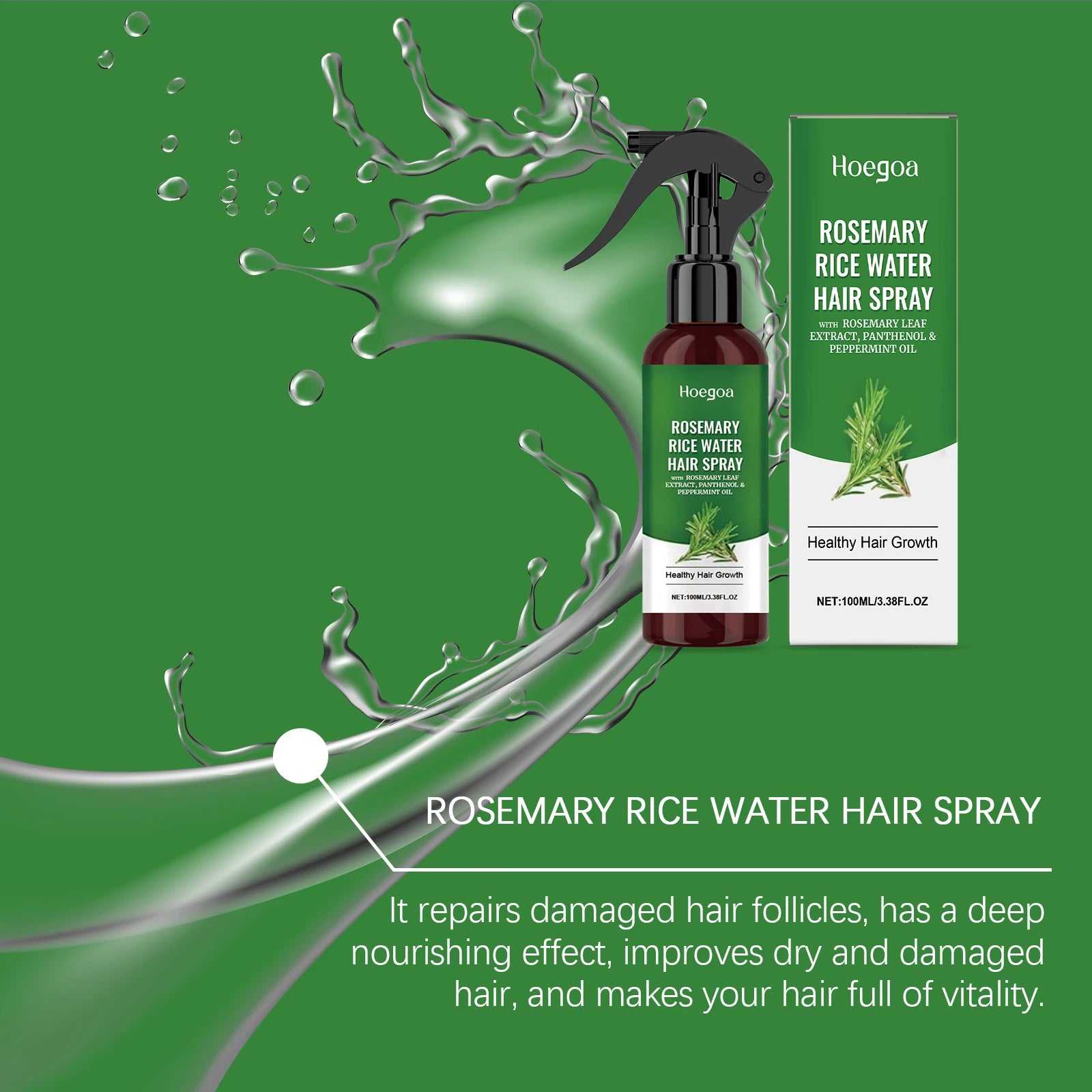 Spray de Crescimento Capilar de Alecrim com Óleo de Cuidado Capilar de Água de Arroz para Hidratar o Couro Cabeludo, Aumentar a Espessura, Anti-Caspa, Suavizar, Fortalecer o Cabelo