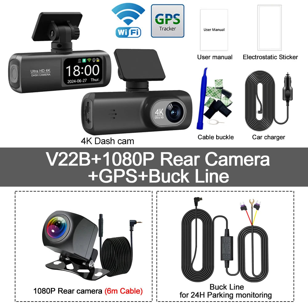 UHD 4K WiFi Dash Cam Dual Lens Driving Recorder Car DVR Optional 1080P Rear Lens Camera GPS 24H Parking Monitoring Black Box 