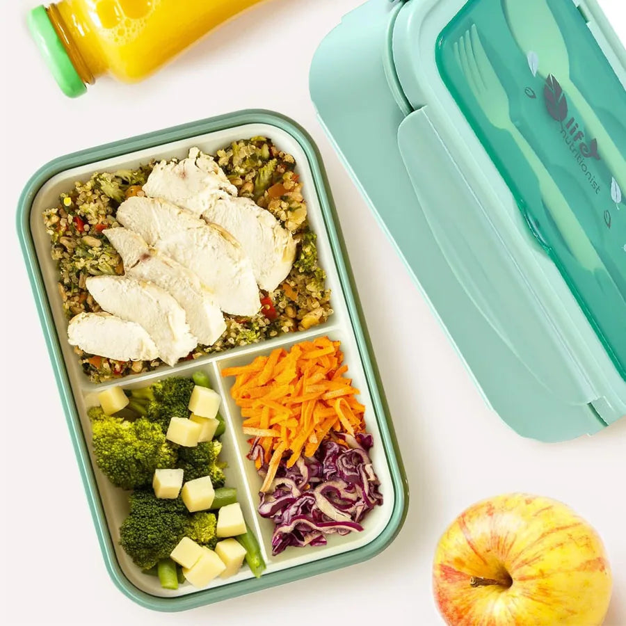 Three-Compartment Lunch Box with Spoon and Fork