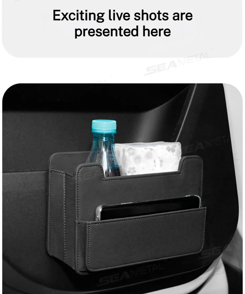 SEAMETAL Tiny Car Trash Can with Pocket Waterproof PU Leather Seat Back Storage Bag Foldable Hanging Car Organizer Dustbin Bin