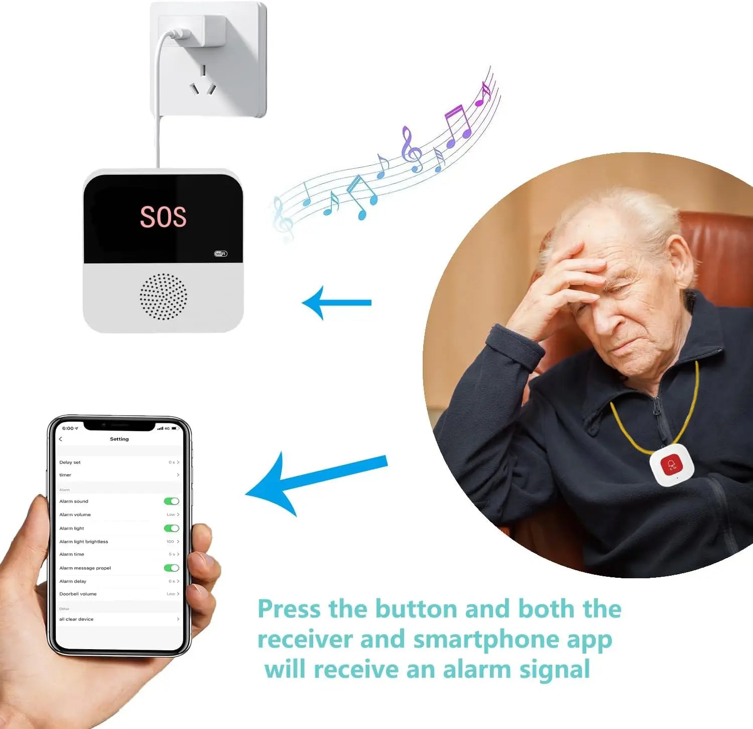 Wireless WiFi Elderly Caregiver Pager SOS Call Button Emergency SOS Medical Alert System for Seniors Patients Elderly At Home 