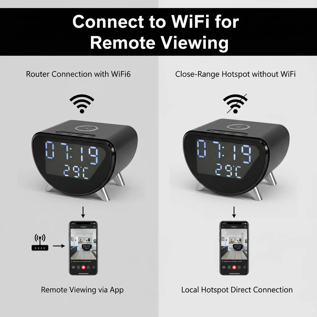 4K UHD WiFi Clock Camera, Indoor Surveillance with Motion Detection, Remote Real-Time View & Video Recording, Qi Wireless Charging Compatible, Suitable for Home Office Warehouse, Elegant Minimalist Design, TF Card Storage (No