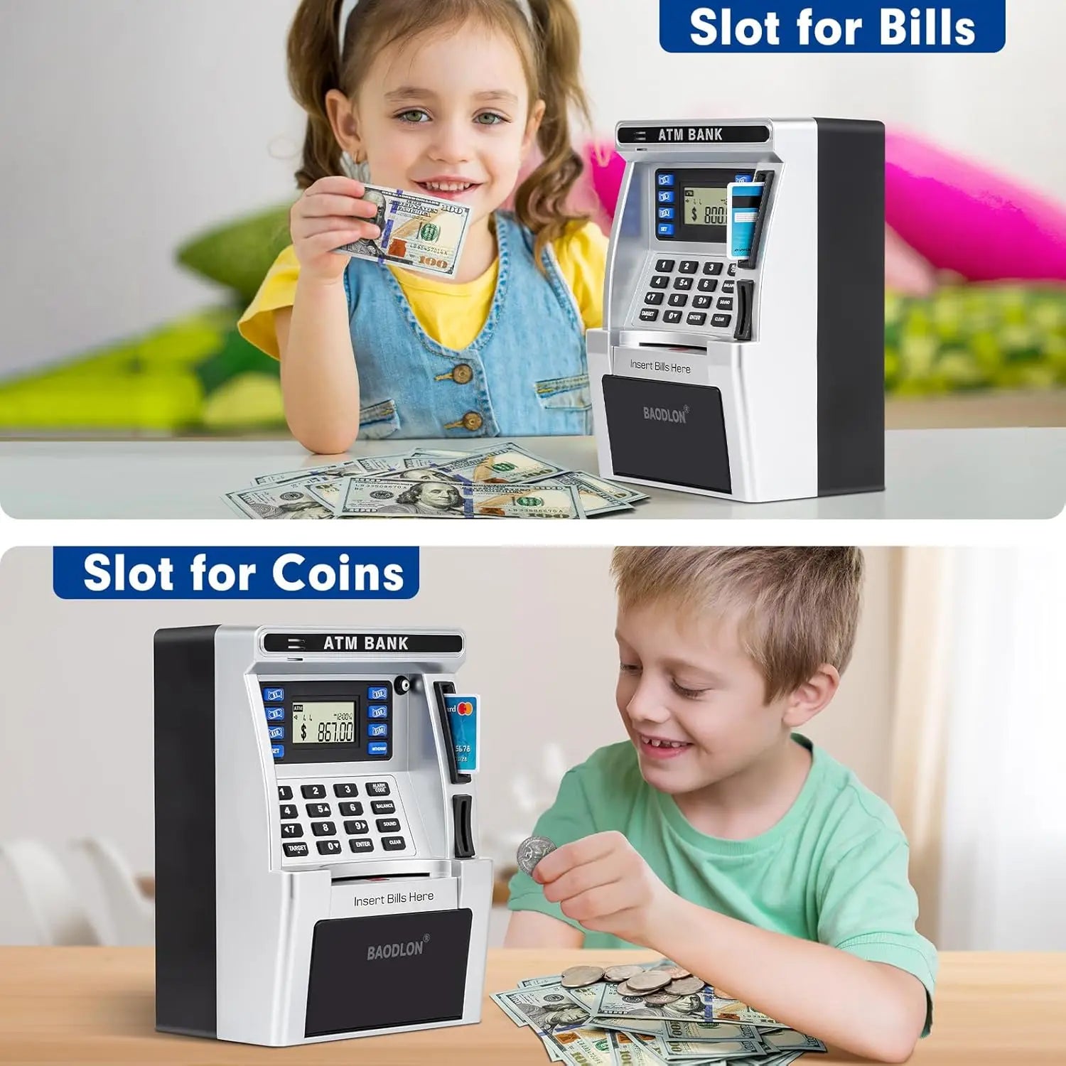 Kids ATM Piggy Bank for Real Money with Debit Card, Bill Feeder, Coin Recognition, Balance Calculator