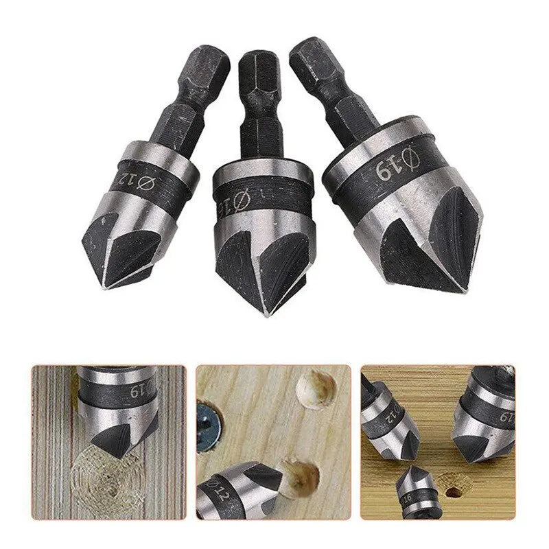 3PC Hexagonal Shank 90 Degree Black Five Blade Chamferer 12/16/19mm Countersink Drill Woodworking Hole Opener Tool Set 