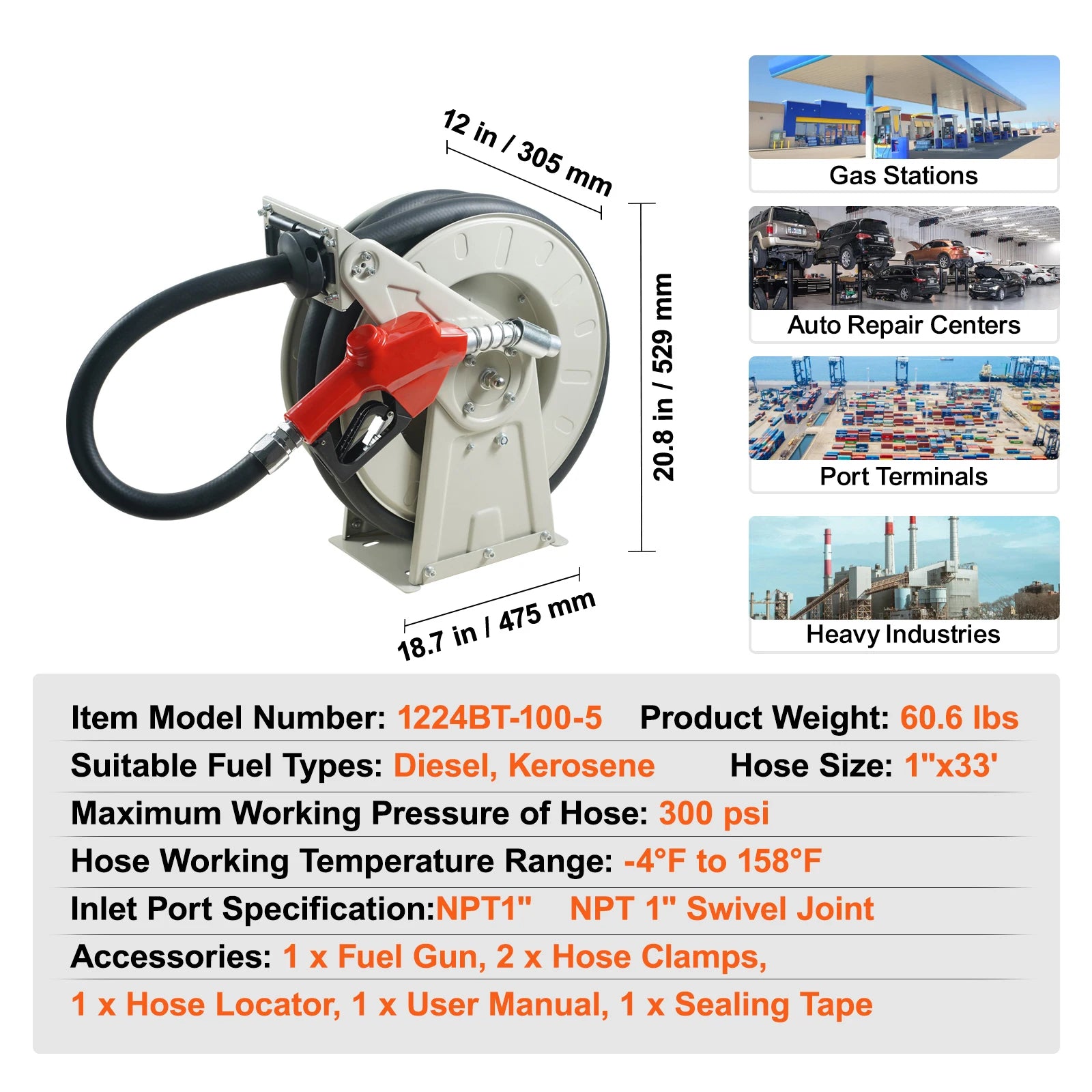 Retractable Fuel Hose Reel with Auto Rewind, 33–66ft Options