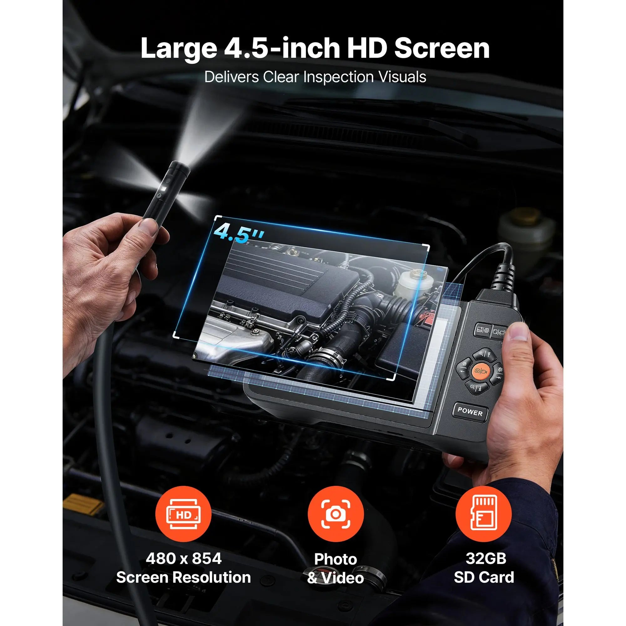 Triple Lens Endoscope Camera with 4.5" HD IPS Screen