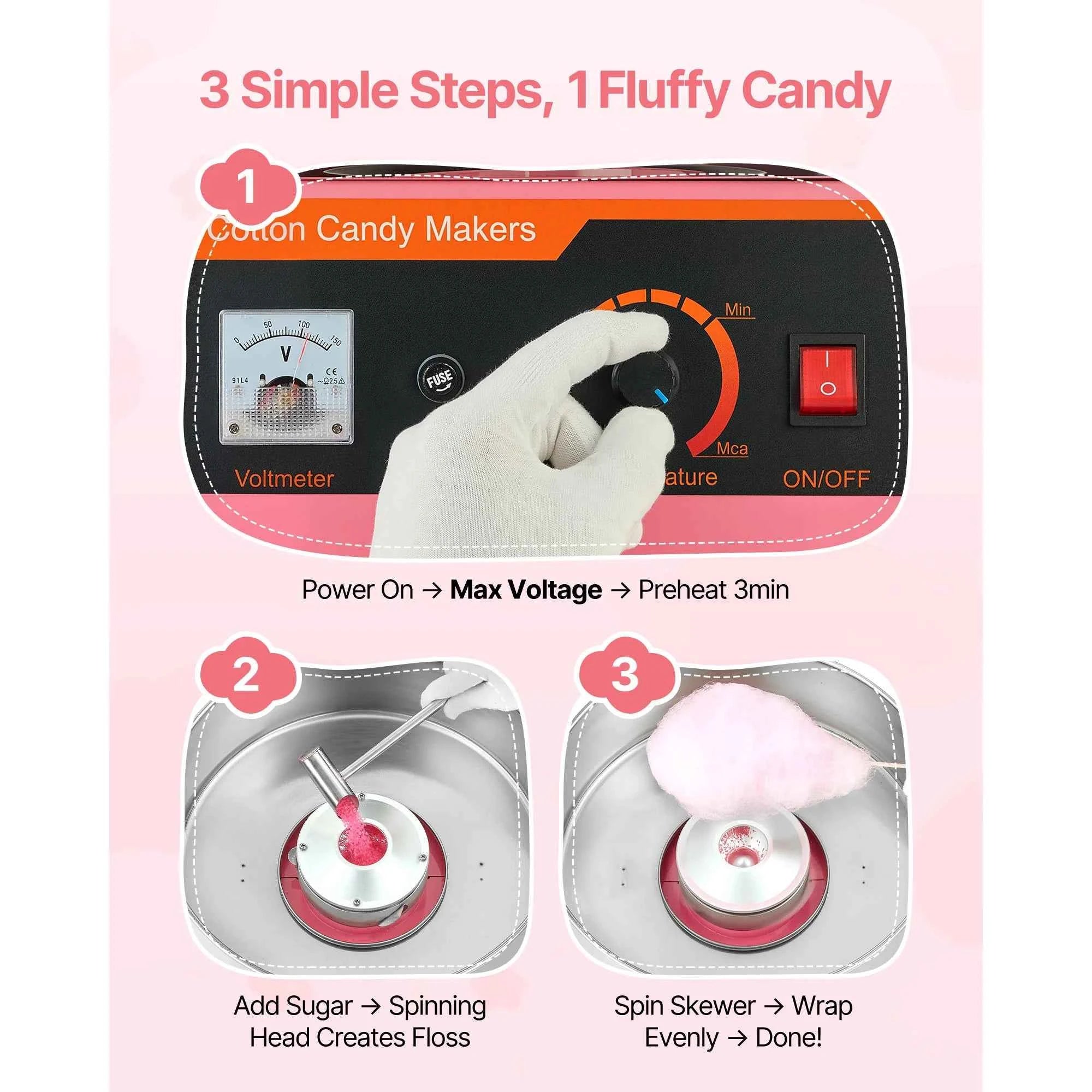 SucceBuy Cotton Candy Machine Commercial 1000W Electric Candy Floss Maker Easy Use with 15 inch Stainless Steel Bowl for Kids