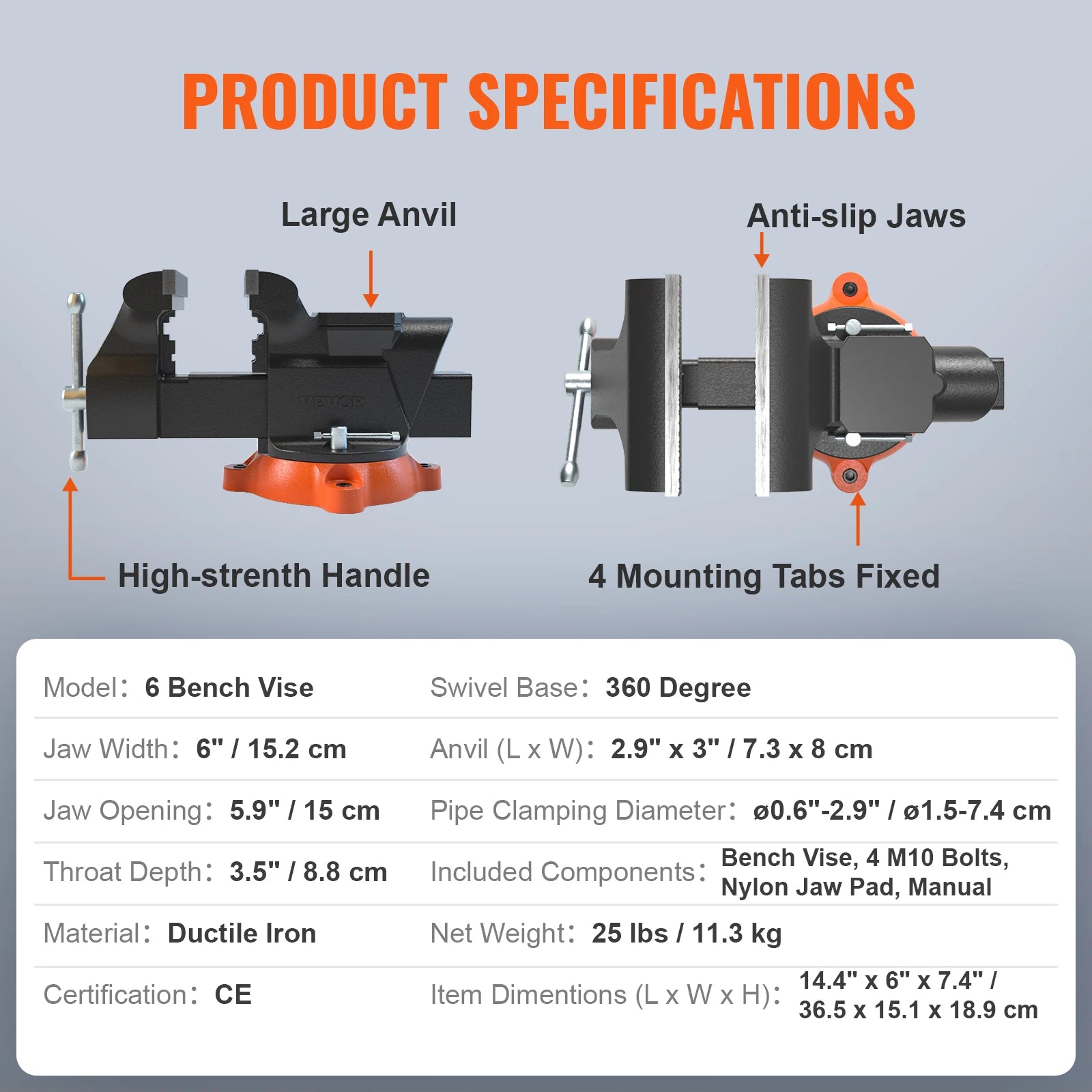 SucceBuy Bench Vise 4.5" 6" 6.5" Multipurpose, Swivel Base & Anvil Heavy Duty Cast Iron for Drilling, Conduit Cutting, Sanding