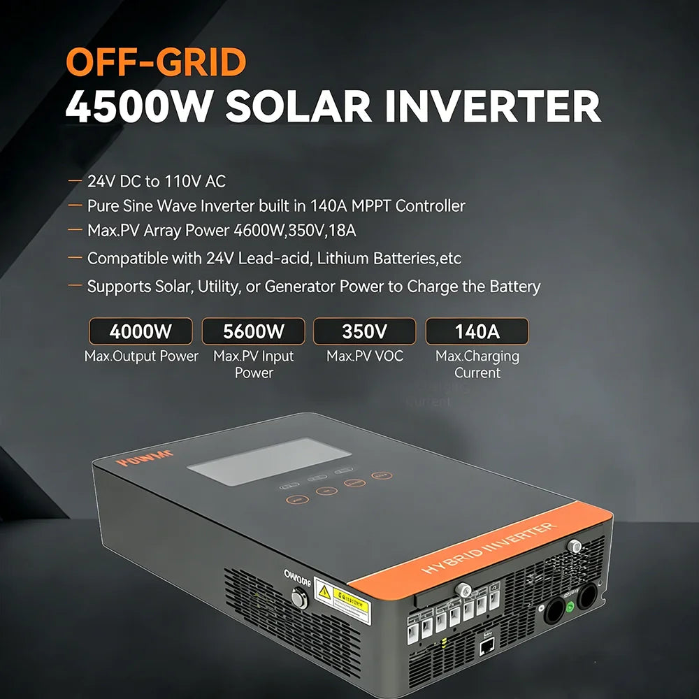 POWMr 24V 4000W Solar Inverter 24VDC to 110VAC 140A MPPT Pure Sine Wave Off Grid Inverter with LCD Display Built in Lithium BMS Communication for Home RV Inversor