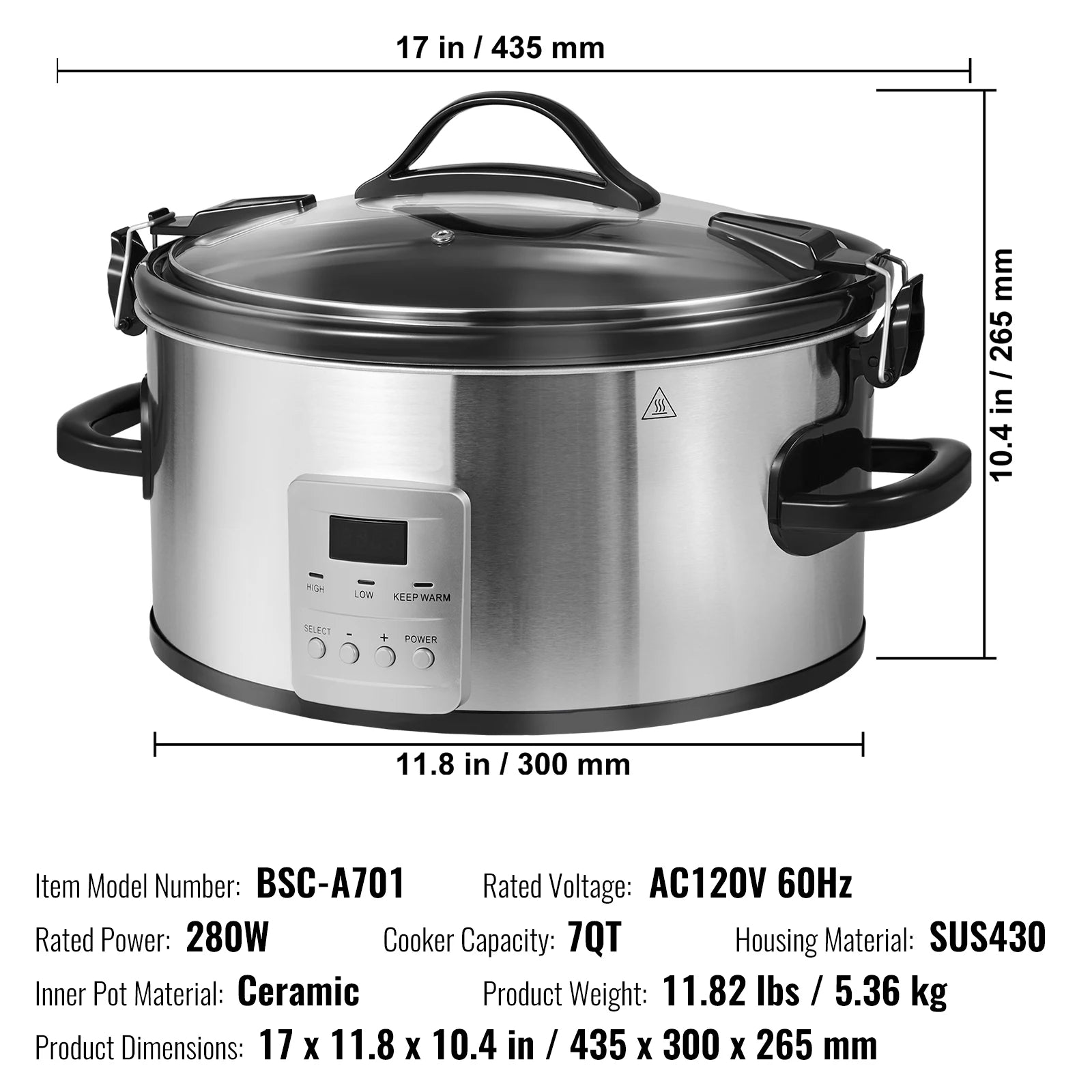 8QT Digital Slow Cooker with Ceramic Pot & Locking Lid