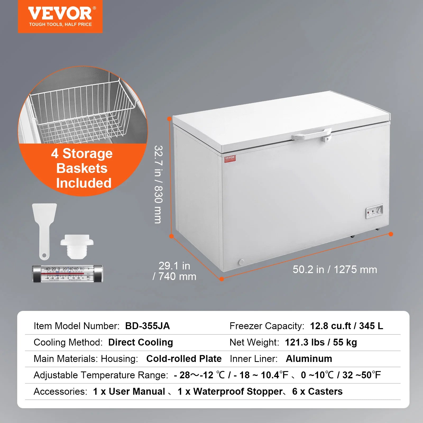12.8 Cu.ft Chest Freezer with Baskets, Lock Lid & Adjustable Temp