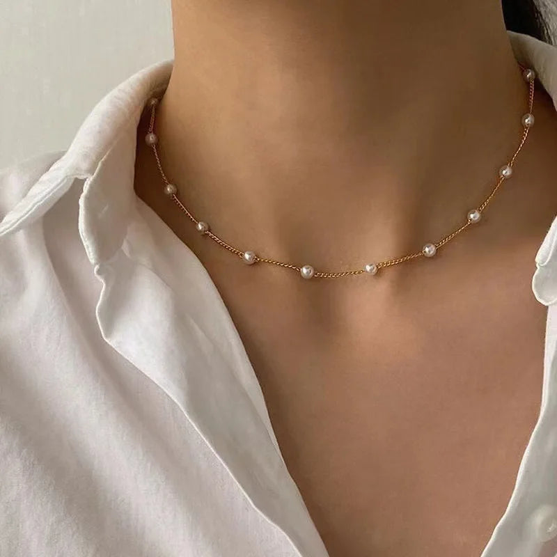 New Beads Women's Neck Chain Kpop Pearl Choker Necklace Gold Color Goth Chocker Jewelry On The Neck Pendant 2022 Collar For Girl 