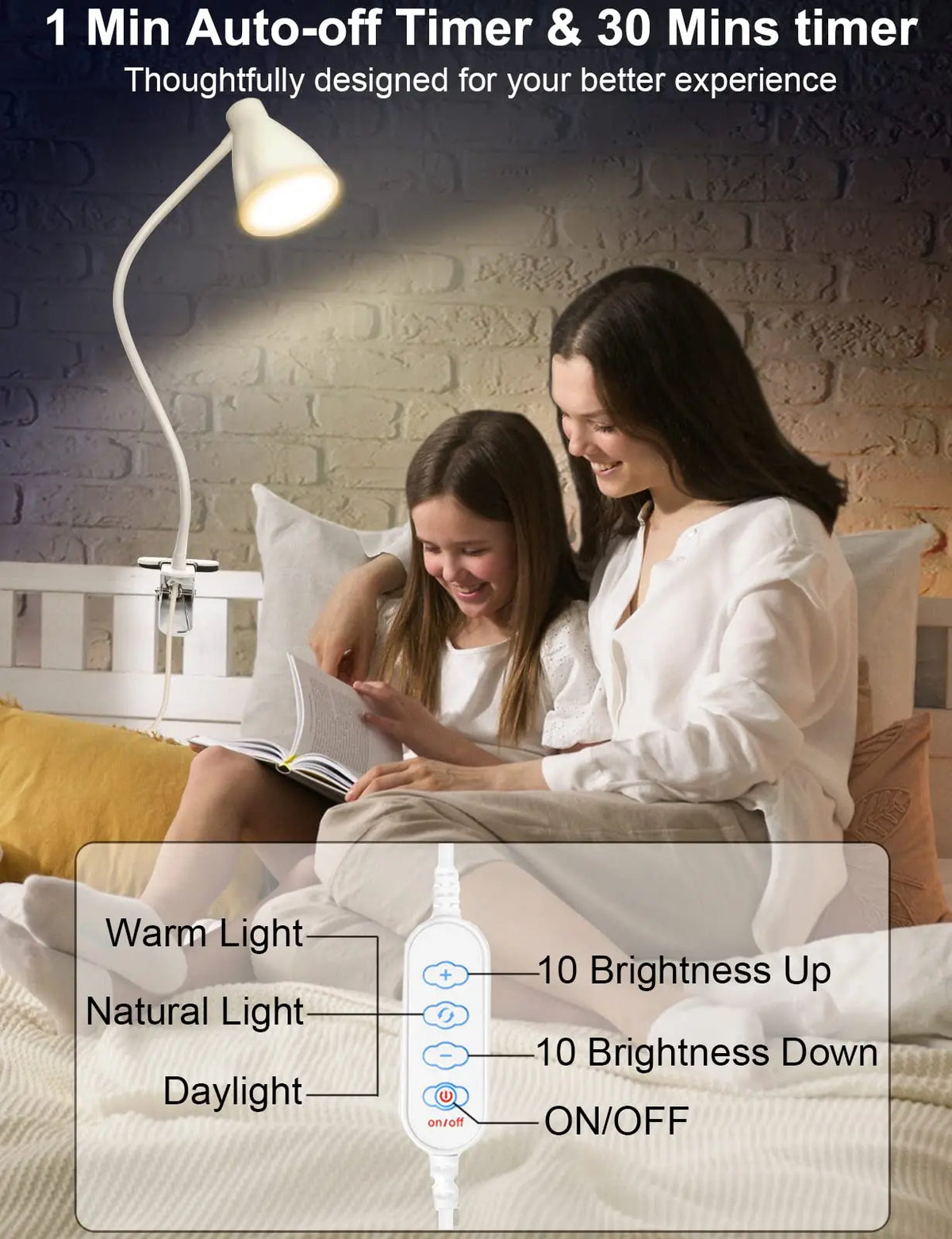 Clamp Desk Lamp, Clip on Reading Light, 3000K-6500K Adjustable Color Temperature Eye-Caring for Home Office Bedside Reading