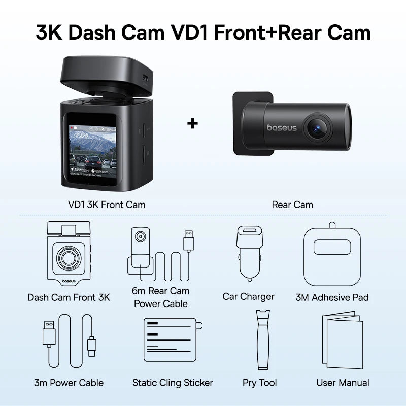 Baseus 3K Dash Cam VD1 Front and Rear Cam HD Built-in GPS Galileo Supercapacitor Car DVR Car Camera Recorder Support 24H Parking 