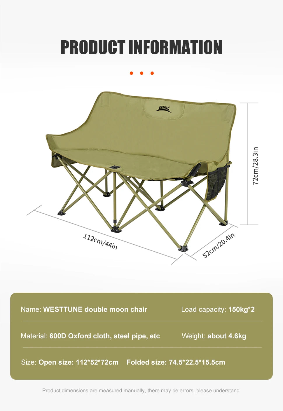 Double Camping Chair for Two with Storage Bags and Backrest