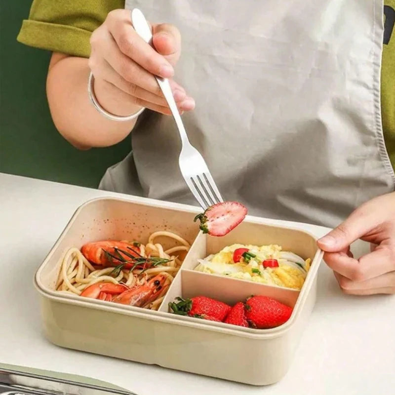 Caixa bento compartimentada para almoço com utensílios, opções de cor