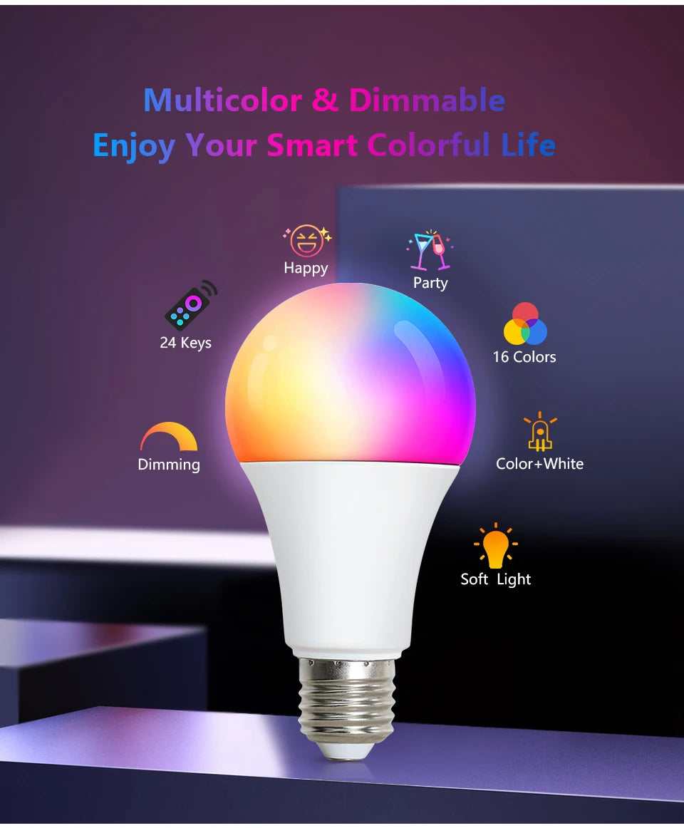 16 Colors RGB Bulb LED Multicolor Bulb E27 Base 220V Household Lighting Dimmable 24 Key Remote Control Atmosphere Neon Light 