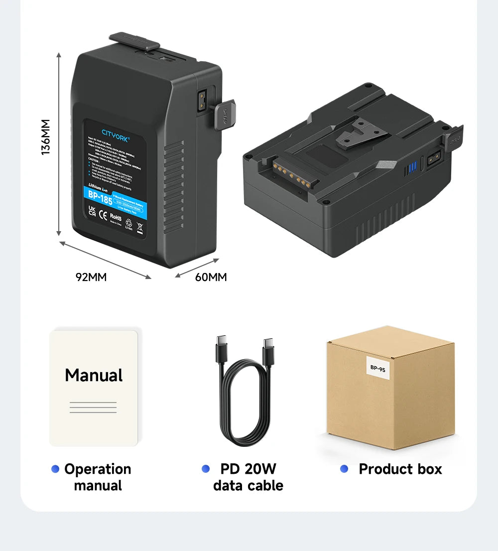 V Mount V-Lock BP185 95 V-Mount Battery BP 222 Battery with PD20W Cable for Sony Camcorder Broadcast Video Light Blackmagic URSA