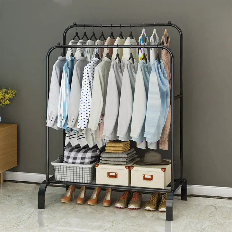 Double Rail Standing Clothes Rack with Storage Shelves