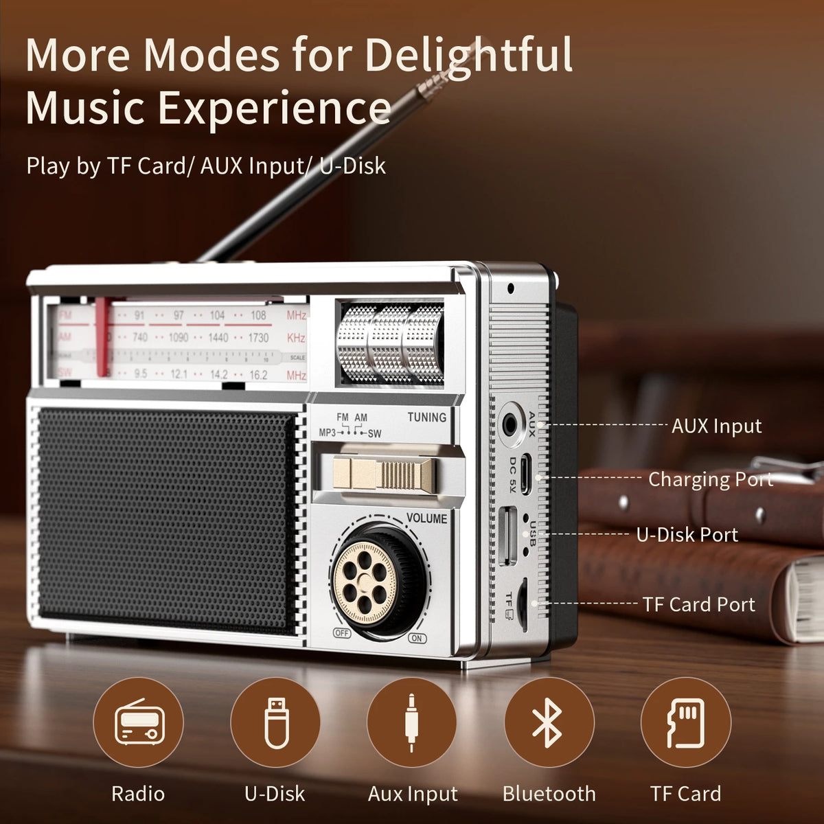 Retro-draagbare radio met Bluetooth en opladen op zonne-energie