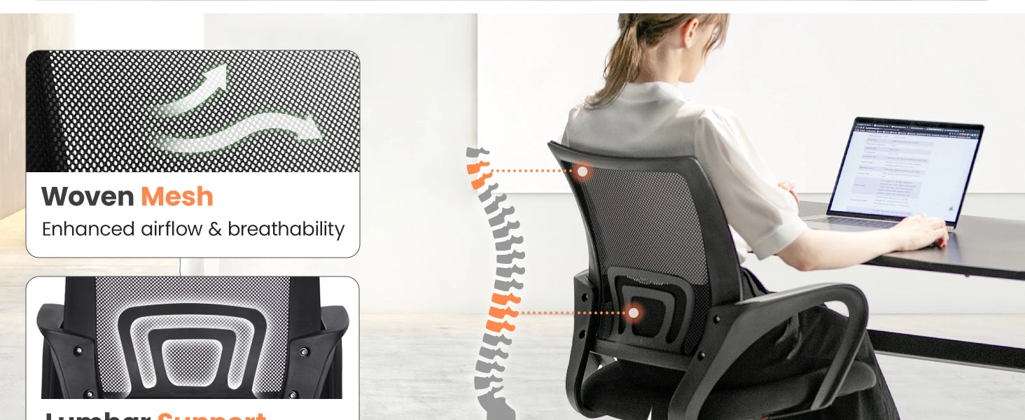 Black Mesh Office Chair with Lumbar Support, Swivel & Adjustable Height