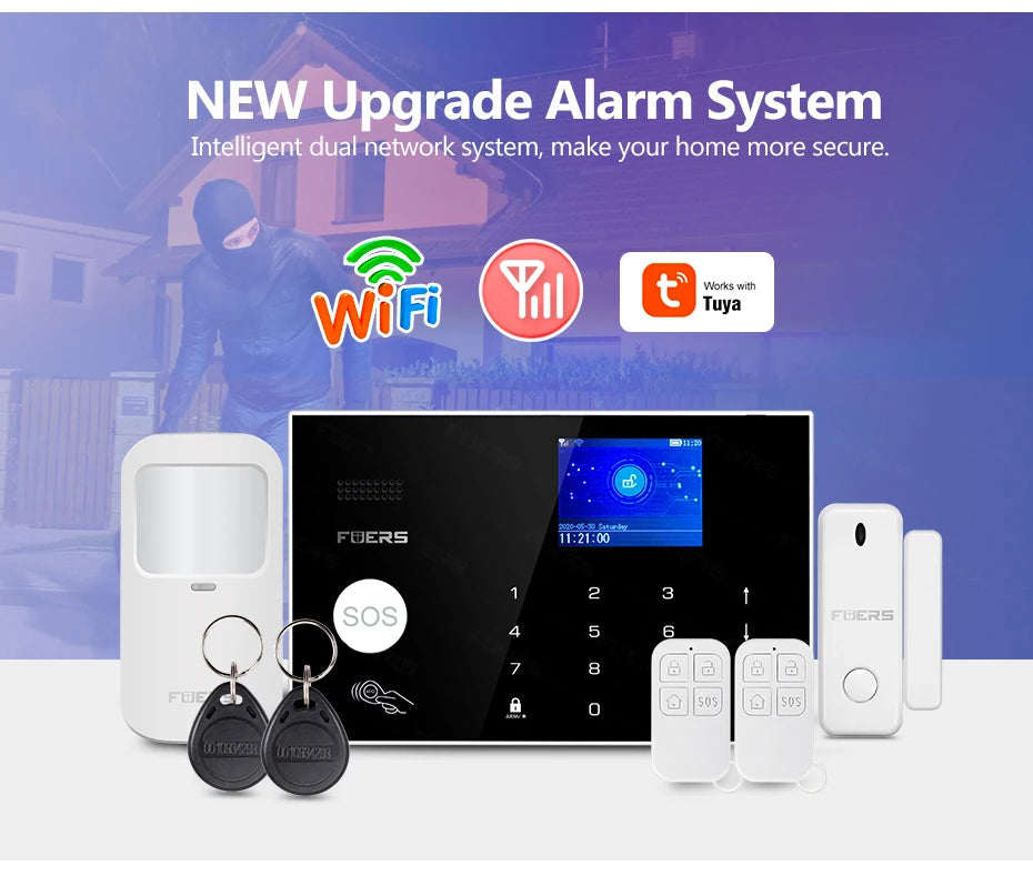 FUERS G30 Wireless WIFI GSM Alarm System Home Burglar Security Alarm System Tuya Smart APP Control with Door and Motion Sensor