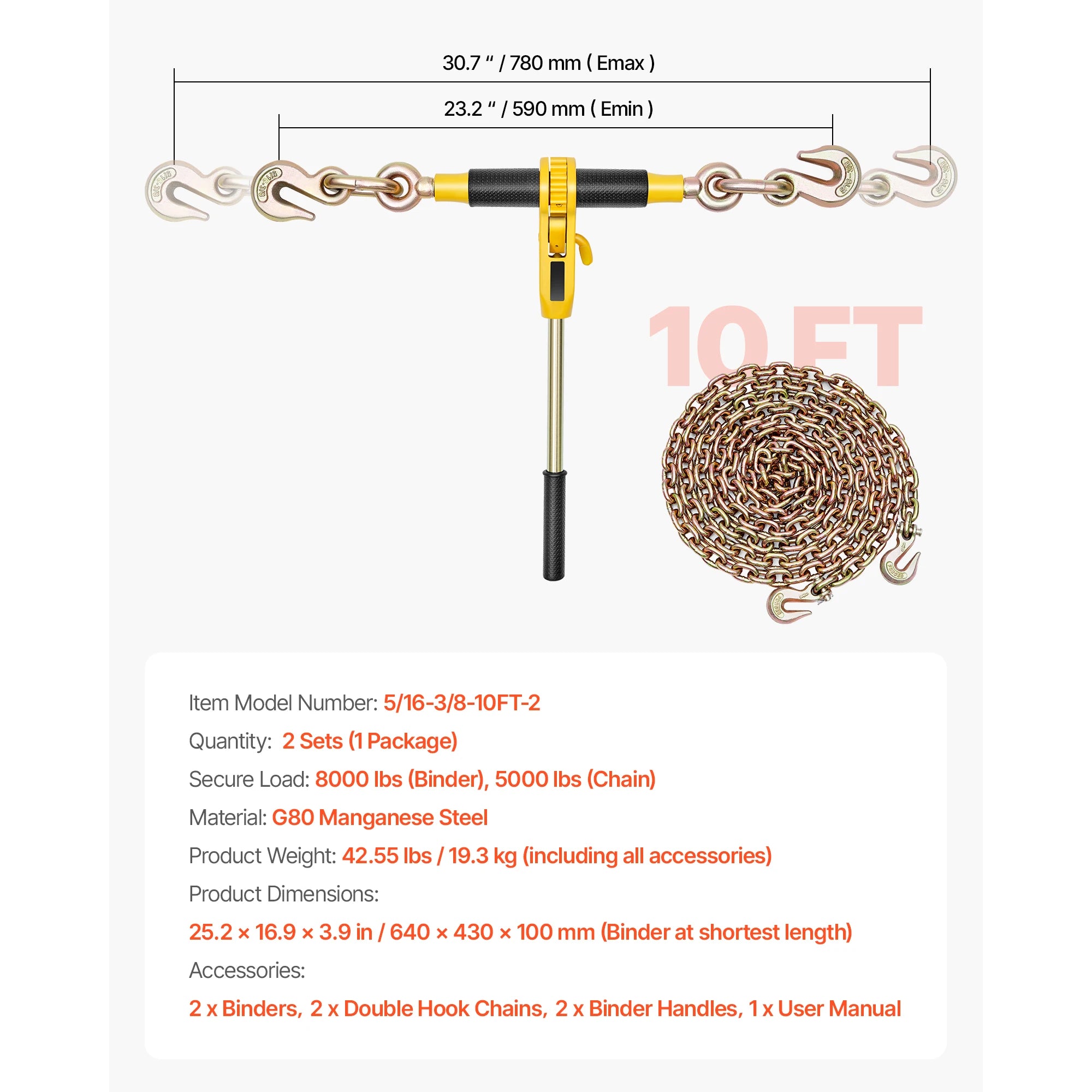 Ratchet Chain Binder Set with G80 Chains for Heavy Load Securing
