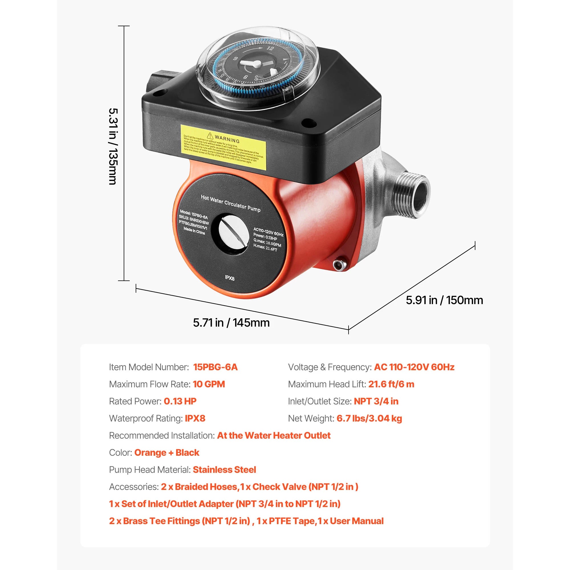 Hot Water Recirculating Pump 10 GPM with Timer 0.13 HP System