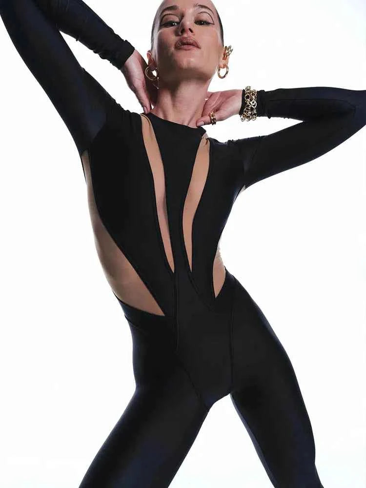 Vrouwen lange mouwen mesh-paneel jumpsuit
