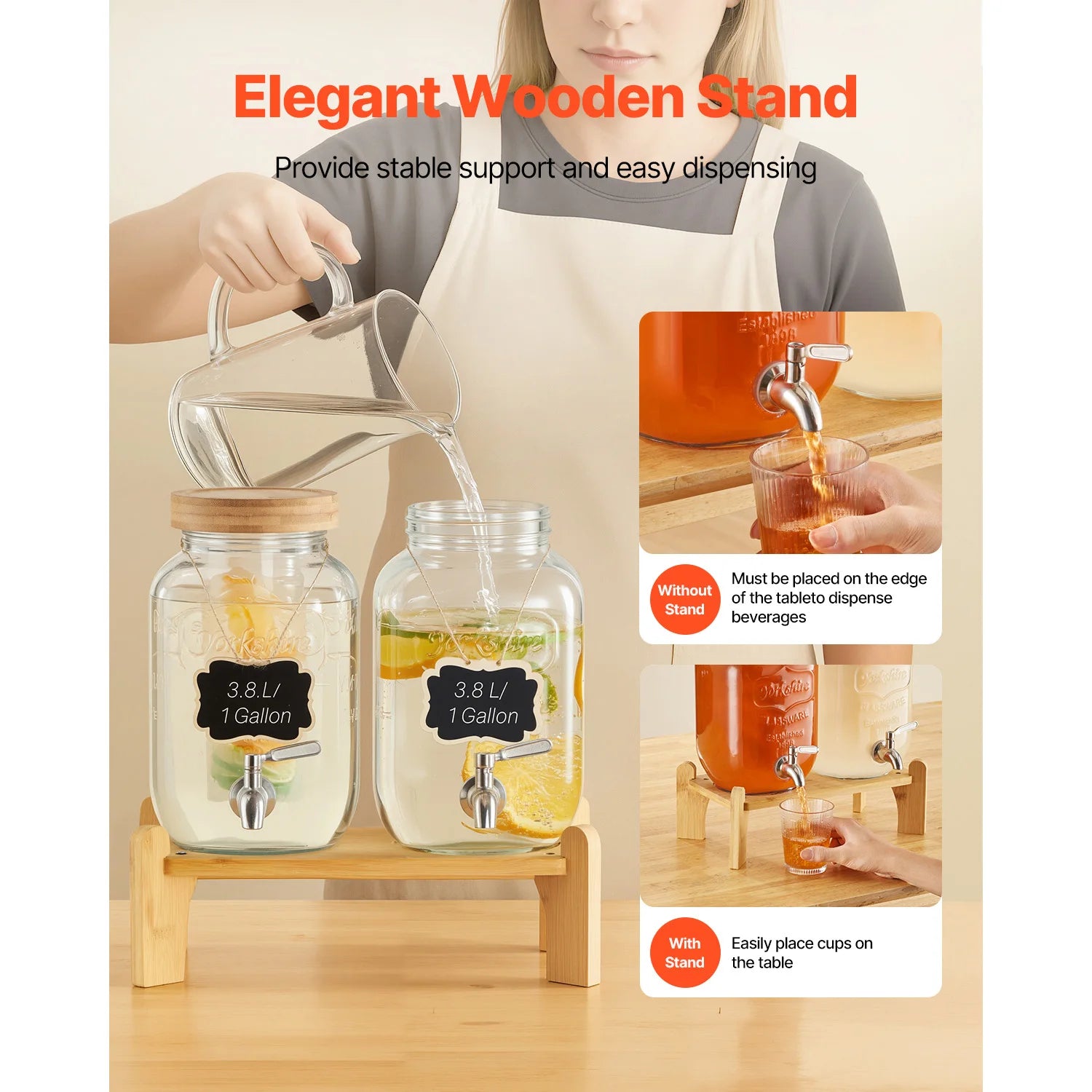 Glass Beverage Dispenser with Wood Stand and Spigot