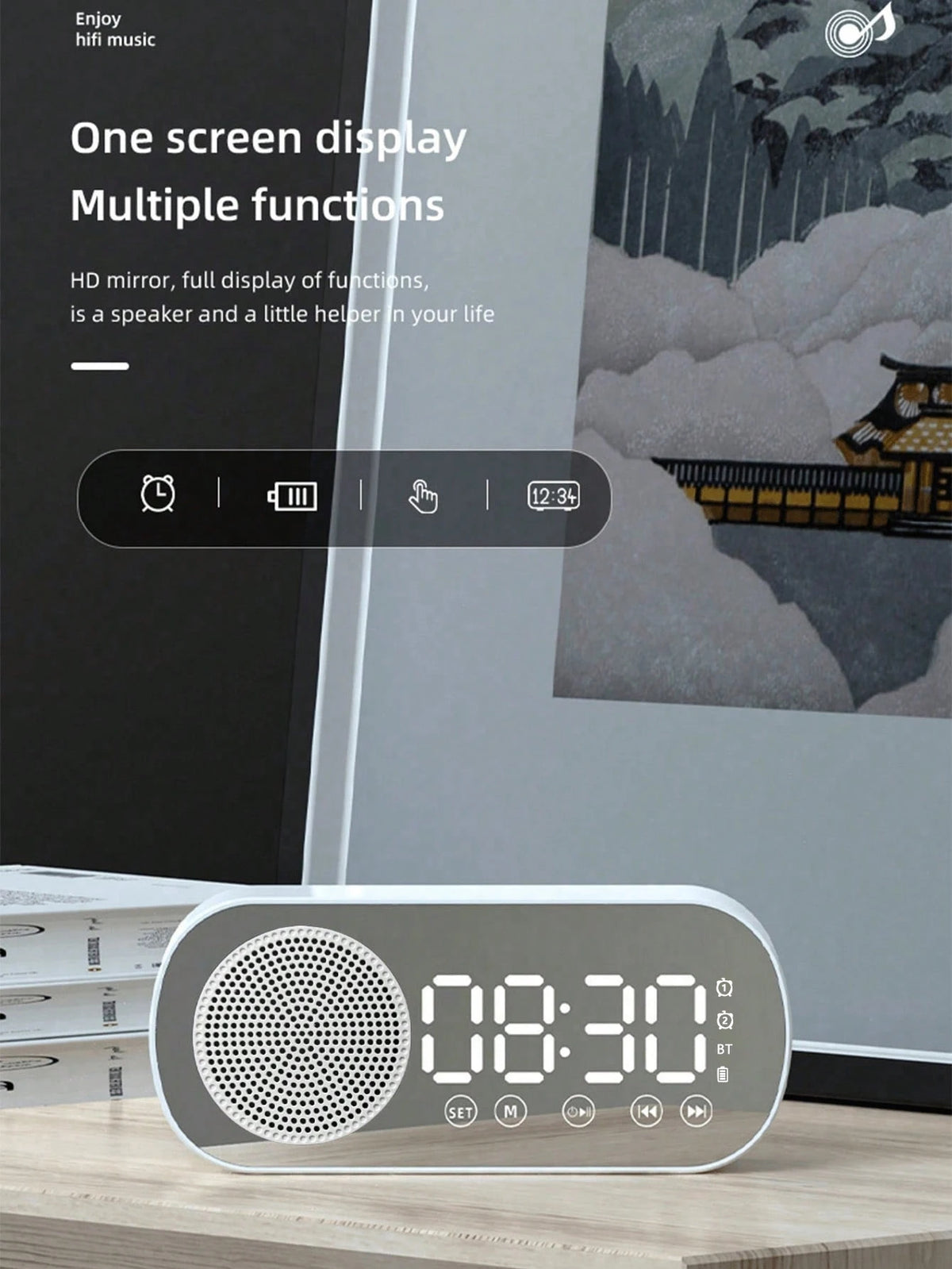 Bluetooth Speaker, Mirror-Faced Clock Alarm Clock Smart Speaker, Bass-Heavy FM Card Insertable Small Speaker