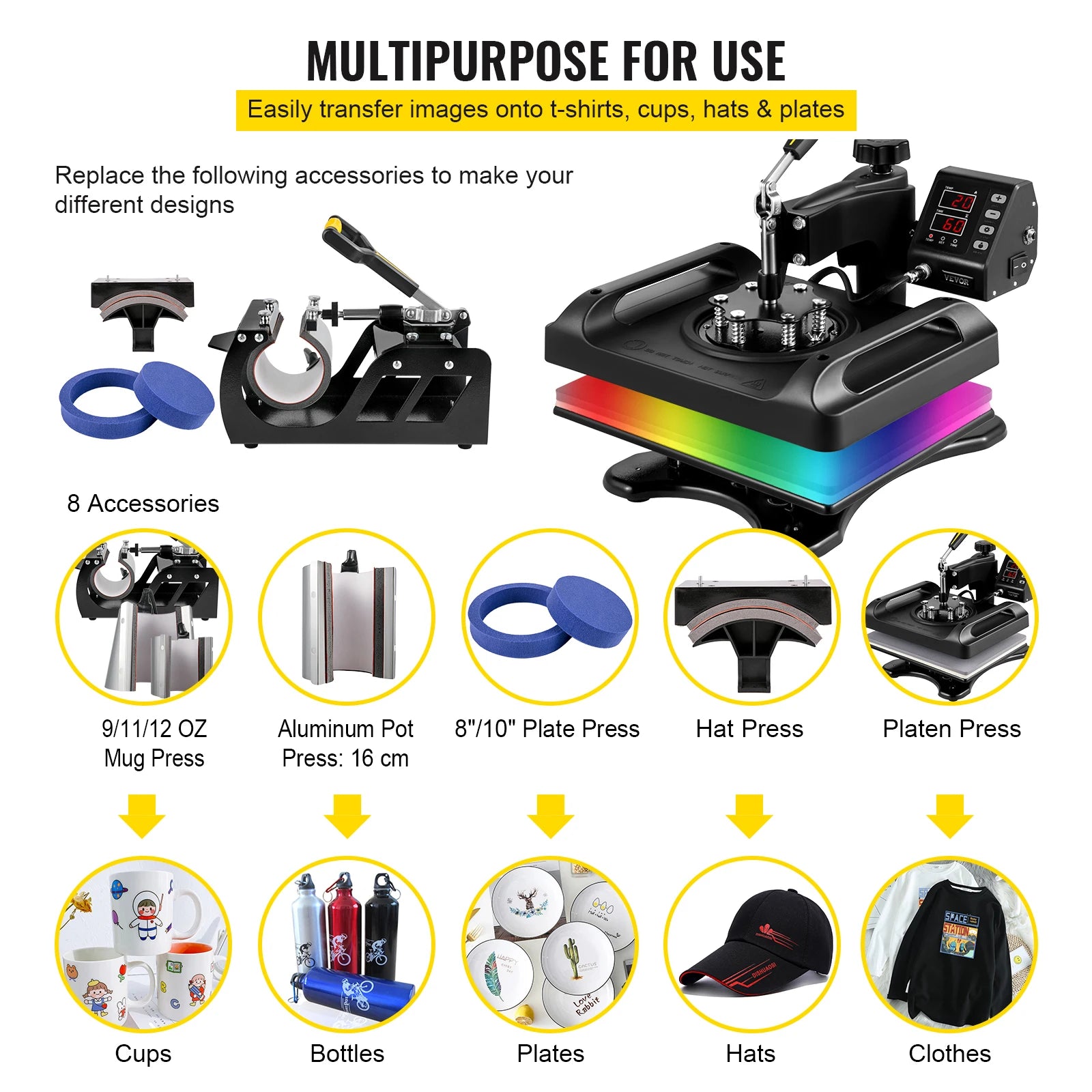 8-in-1 Heat Press Machine 12x15 Combo for T-Shirts, Mugs, Caps