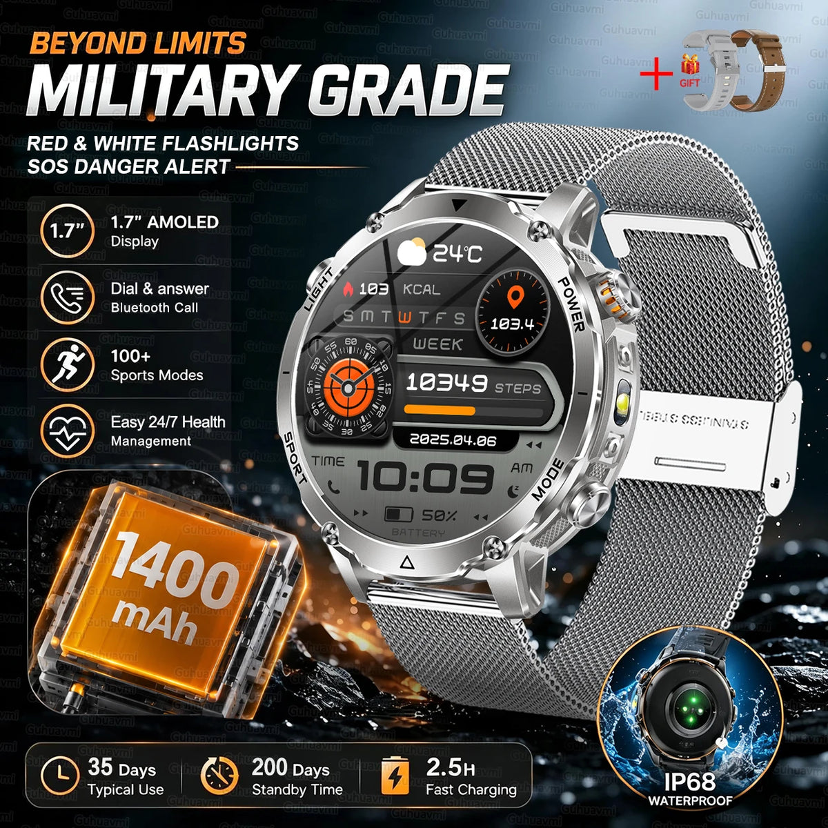 Outdoor Bluetooth Anruf-Smartwatch mit LED-Taschenlampe