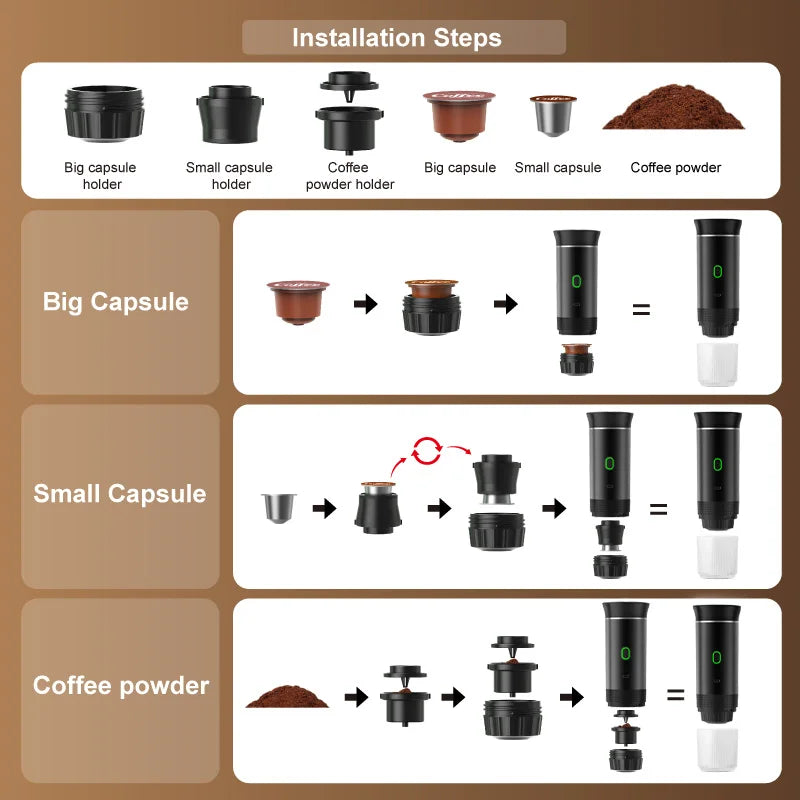 Wireless Electric Portable Espresso Coffee Machine for Car & Home Camping Coffee Maker 3-in-1 Capsule Powder Travel Coffee Maker 