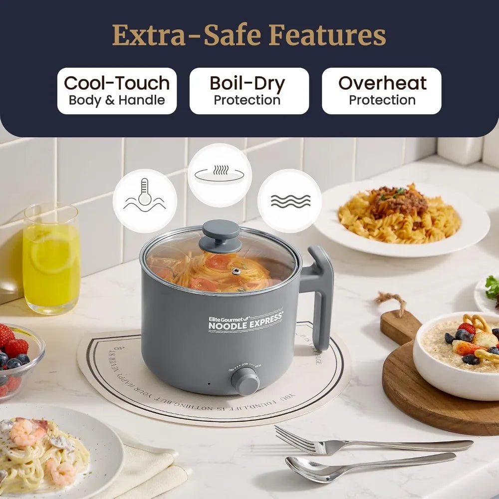 Hot Pot, Prepare Ramen, Rice, Soups, Stews, Boil Water, Stainless-Steel Interior, Glass Lid, High/Low/Off Settings, Grey
