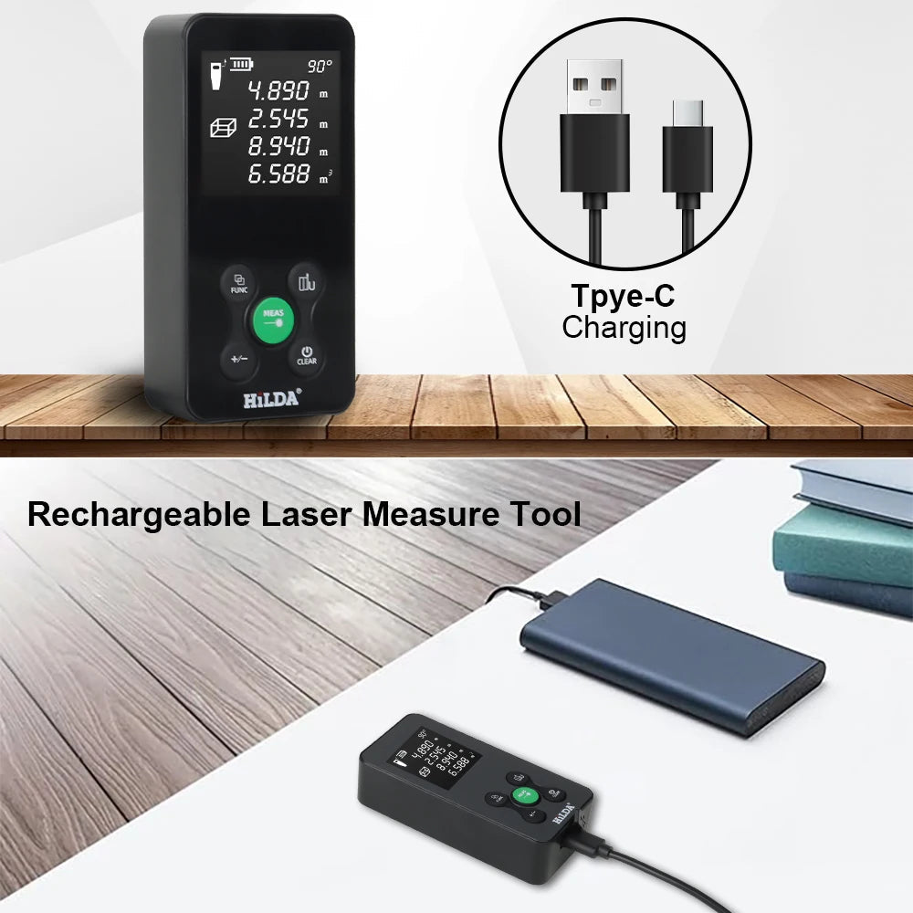 HILDA 50/100/120M Laser Rangefinder Red/Green Light Laser Distance Digital Tape Rechargeable and Measurable Angle Laser Measure 