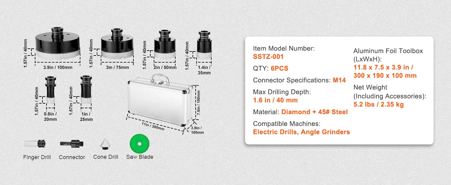 Diamond Core Drill Bit Set for Tile, Granite & Stone (6–11 PCS)