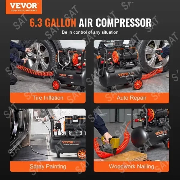 Bezolejový vzduchový kompresor 6,3 galonu, 2 HP, 3,35 CFM, 90 PSI, tichý 70 dB